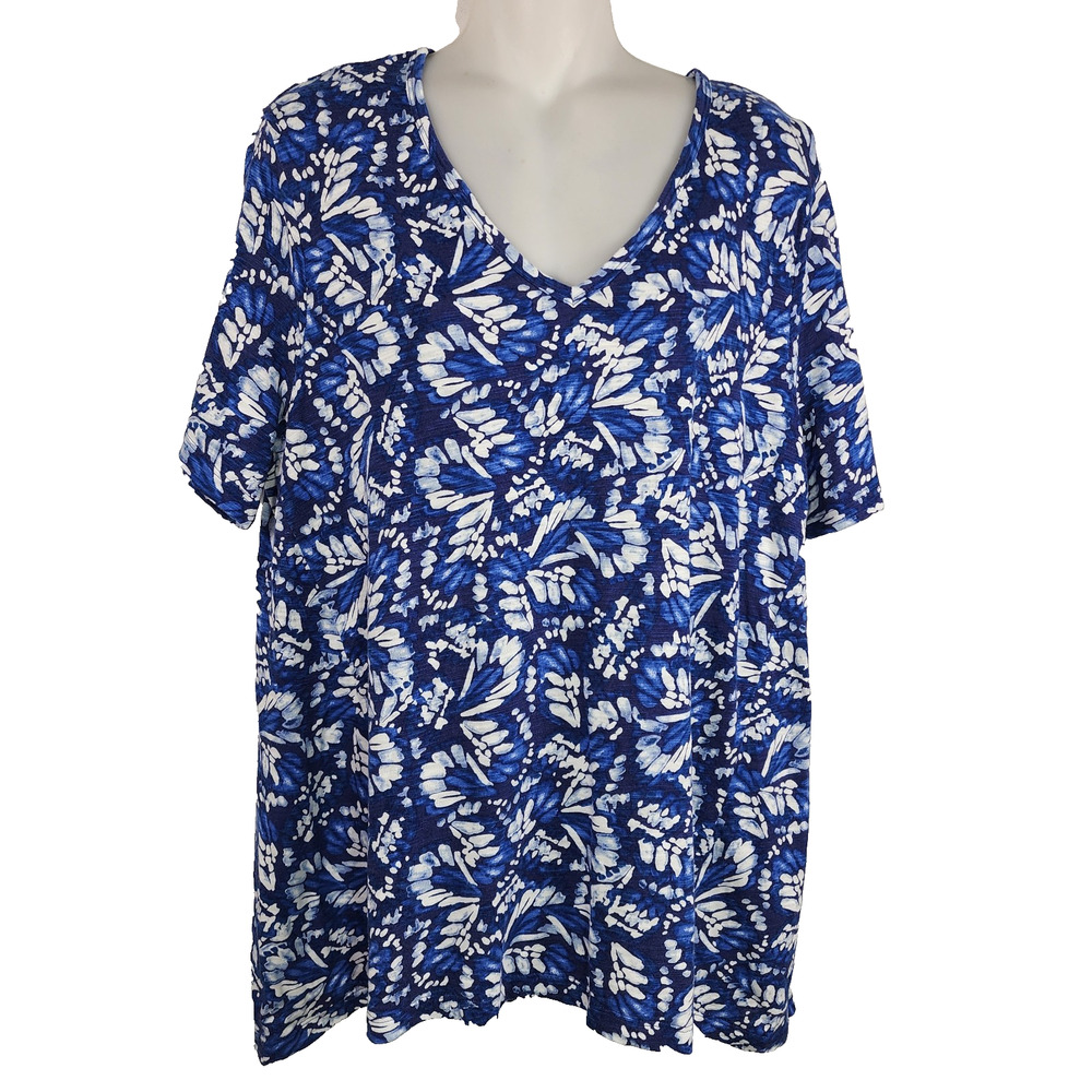 Chico's Womens Butterfly Slub V Neck Tee Blue Large Elbow Sleeve Knit Slimming